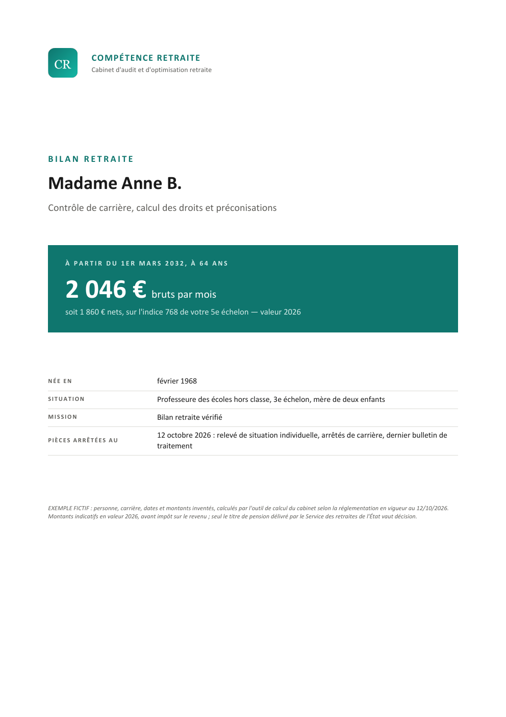 Page de couverture du bilan fictif de Madame Anne B. : 2 046 € bruts par mois à partir du 1er mars 2032